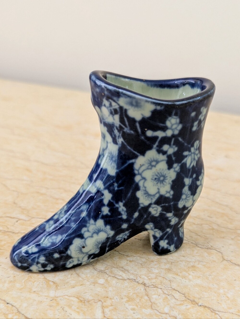 Vintage Ironstone Blue & White Chintz Floral Chinoiserie Mini Boot Vase Stamped